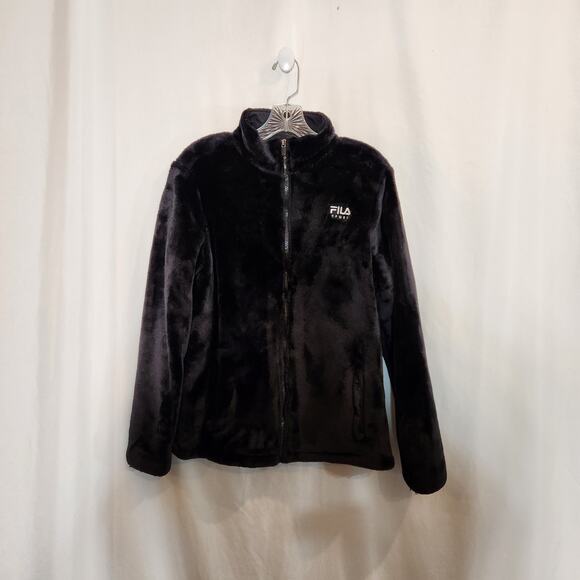 FILA SPORT Black Faux Fur Teddy Bear Jacket Zippered Pockets Full Zip Womens L - Picture 1 of 12